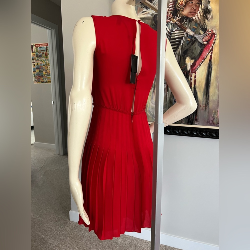 NWT BCBGMaxAzria “Freja” Red Sheer Panel Pleated Dress - Picture 5 of 11